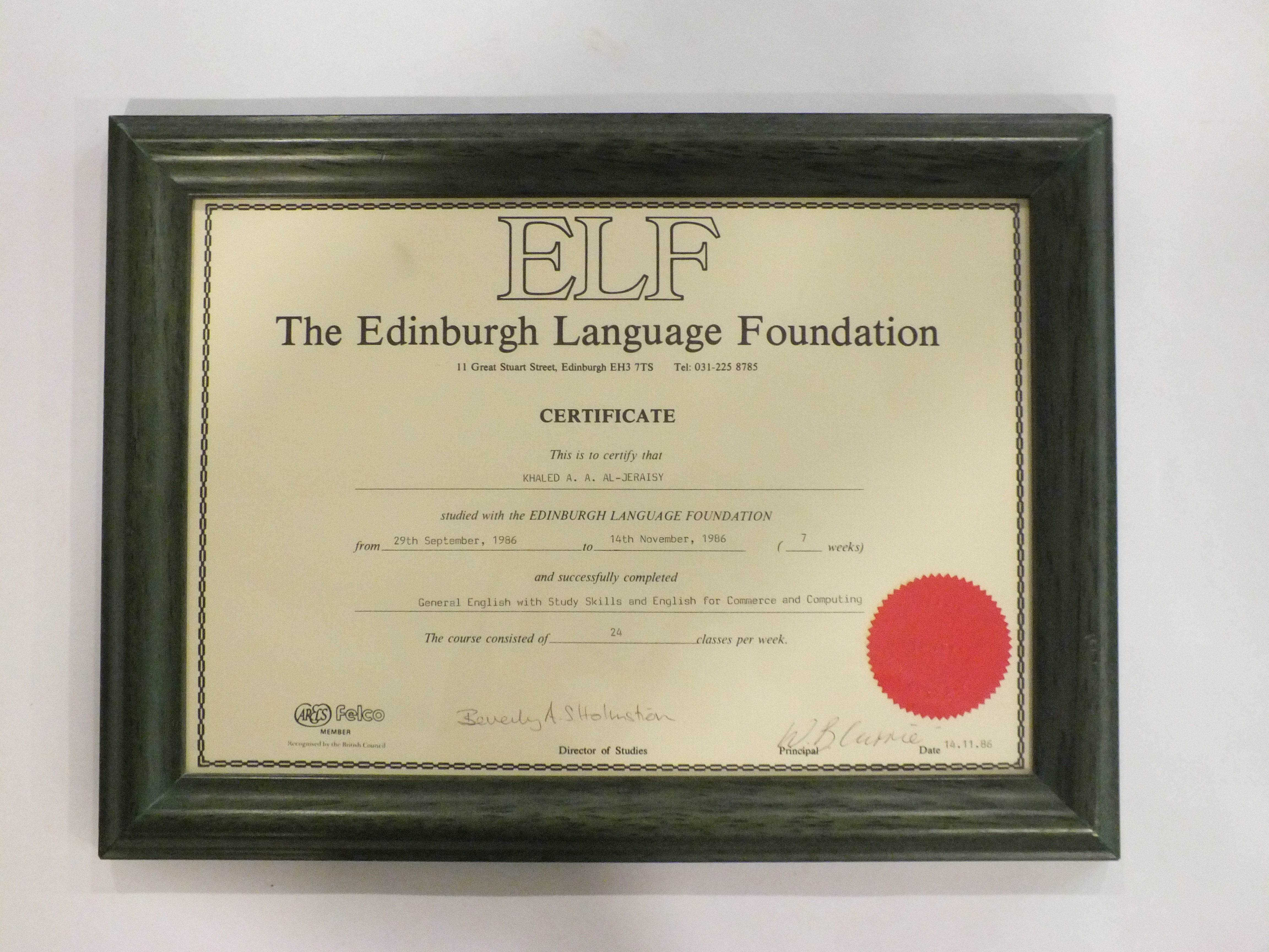شهادة (The Edinburgh Language Foundation) 14-11-1986م